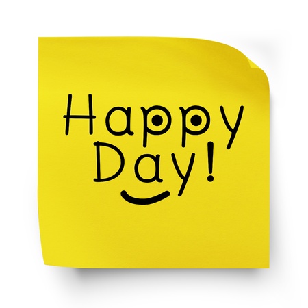 Happy day note message on yellow sticker paper note isolated on white with clipping  pathの写真素材