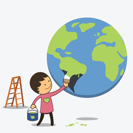 Happy boy painting globe with green color in concept of we love green world  Vector illustration   のイラスト素材