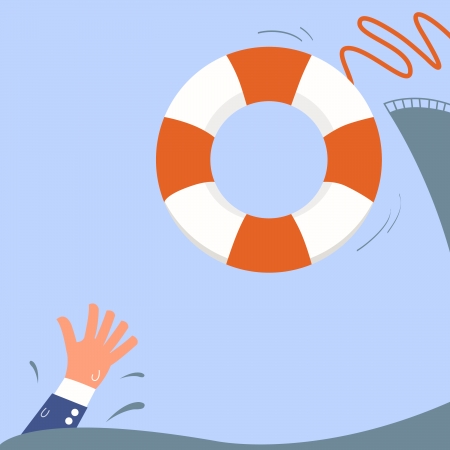 Drowning business man hand requires help with buoy to surviveのイラスト素材
