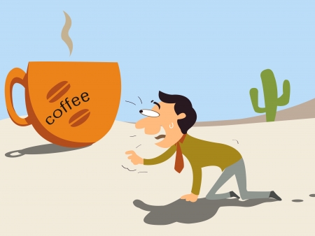 Need coffee, businessman clawing in dessert looking for coffee to refreshmentのイラスト素材