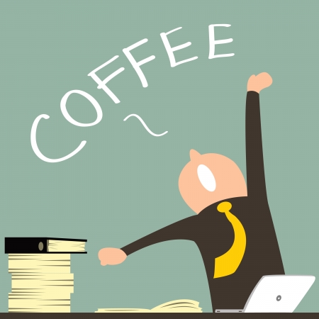 Business man feel tried from hard working, stretching his hands and yawning, desire for coffee  のイラスト素材