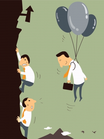 Business man with balloon floating in the air, representing to get better opportunity or chance to be successful than business men who climbing up the mountain  Business concept  のイラスト素材