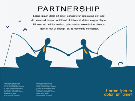 Business man on going fishing on the boat and shaking hands to each other in partnership and corporation concept  Abstract background with copy space and text for your own design  のイラスト素材