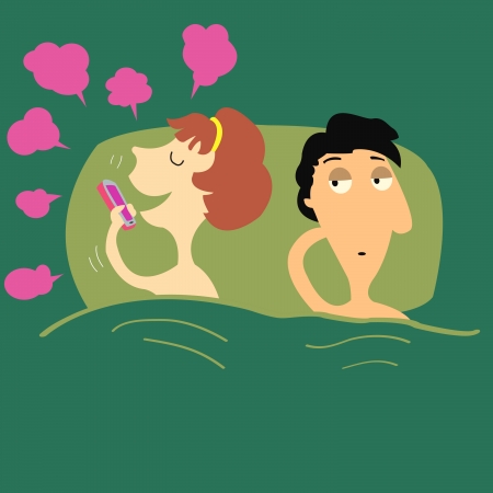 Man feels bored on bed when his lover keep chatting on phone at night time  Social network addiction concept  のイラスト素材
