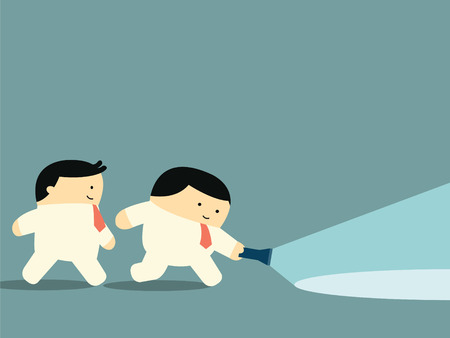 Businessman walking together in the dark with flashlight looking or searching for something, business concept in partnership, leadership, or exploration. のイラスト素材