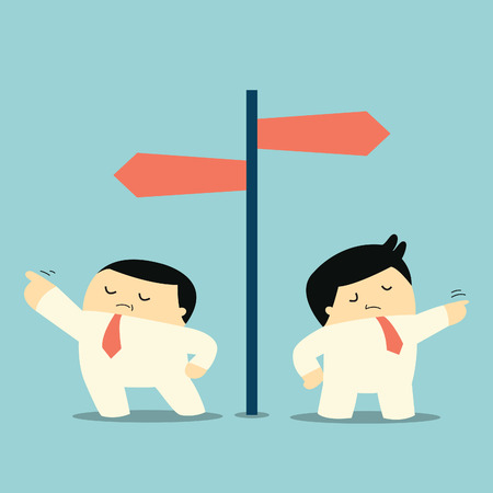 Two businessman thinking in different ways, insist in his own individual idea, and pointing to different direction. Think different concept. のイラスト素材
