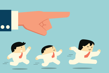 Group of businessman running in the same direction with big businessman's hand pointing to, business concept in leadership leading guideline to followers. のイラスト素材