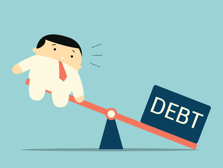 Scale between businessman and debt burden, which debt gain advantage or havier than man. Business concept in debt burden. のイラスト素材