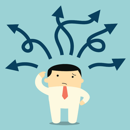 Confused businessman standing and thinking with many arrow pointing into different directions. のイラスト素材