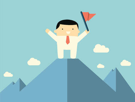 Cute character businessman standing on the top of mountain with flag, representing to reaching to the goal and be successful.のイラスト素材