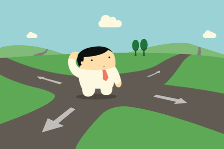 Cute character businessman standing alone at intersection, being confused and making decision to choose right way to go.