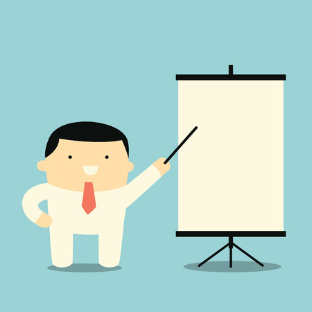 Businessman standing and pointing to blank presentation board for your copy space or design. のイラスト素材