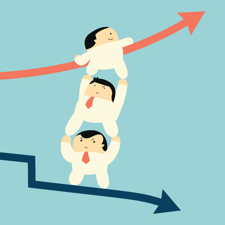 Cut character businessman supporting each other to climbing up to raising arrow from falling down business, metaphor to team work helping from crisis to successful business   のイラスト素材