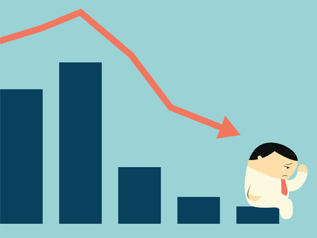 Sad businessman crying with falling down arrow and statistics bar in depression financial concept  のイラスト素材