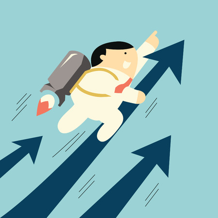 Cute businessman flying with rocket moving up fast with arrow, business concept in growth business  のイラスト素材