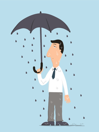 Unlucky businessman being wet from raining instead he holding umbrella, misfortune or in trouble concept  のイラスト素材