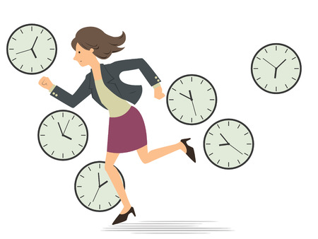 Businesswoman running passing through the clock which telling time every period in a whole day, representing to woman being very busy from the morning  until finish working in the evening     のイラスト素材