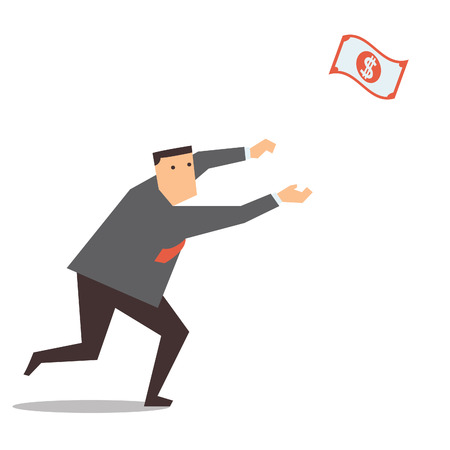 Businessman running and chasing money that representing with dollar banknote flying in the air, making money concept  のイラスト素材