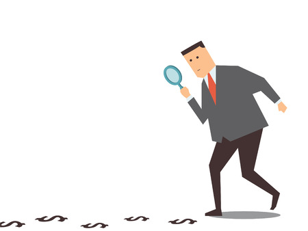 Businessman walking with magnifying glass, looking for money track on the ground. のイラスト素材