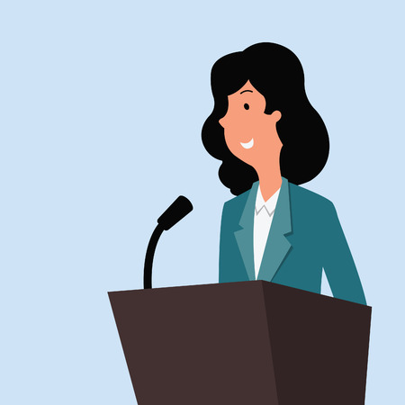 Happy businesswoman standing at a podium with microphone, giving speech or lecture.のイラスト素材