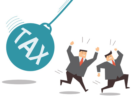 Businessman running away from huge pendulum with message 'tax', financial crisis in tax burden concept. のイラスト素材