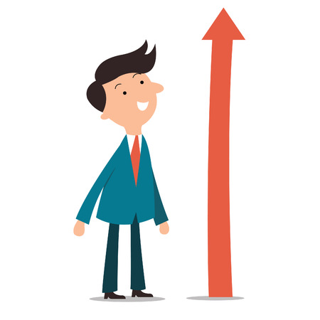 Happy businessman standing and looking at rising arrow, representing to growth business. のイラスト素材