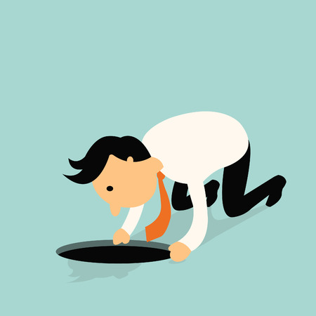 Curious businessman kneel down on the ground, wondering and looking at the big hole, business concept in opportunity, exploration or challenge.のイラスト素材
