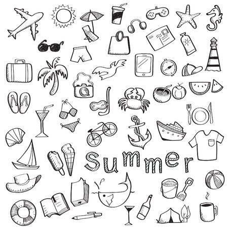 Set of sketching with hand writing about summer, travel and holiday object, isolated on whiteのイラスト素材