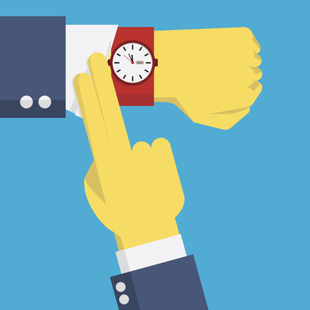 Businessman hands checking time by looking at watch on the wrist, business concept about checking time, deadline, time limit, presure on time.のイラスト素材