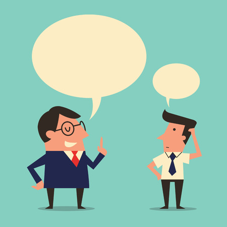 Character of manager or boss giving speech or instruction to subordinate worker who appear being confused or trying to get understanding. Simple design with  copyspace in speech bubble.のイラスト素材