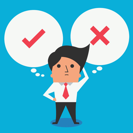 Cute character of businessman standing with speech bubble, thinking or making decision between right or wrong, true of false, represent with checkmark and cross symbol. Flat design, easy to edited.のイラスト素材