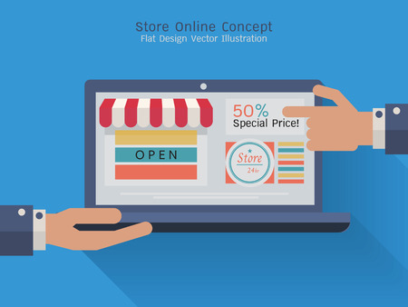 Businessman hand showing and presenting computer laptop with store online in screen. Flat design elements.のイラスト素材