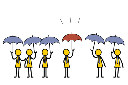 Man holdiing unique color umbella that different from other. To be different or standing out of the crowd concept. Simple character style in stick man style.のイラスト素材