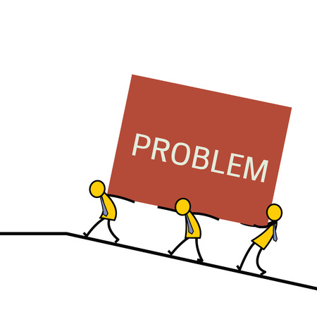 Group of businessman helping to carry big box with message, problem. Teamwork concept. Simple character design and text can be changed or edited.のイラスト素材