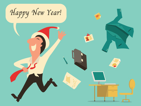 Businessman running with raising hand, wearing Christmas hat, enjoy and celebrate happy new year after finish working at workplace.のイラスト素材