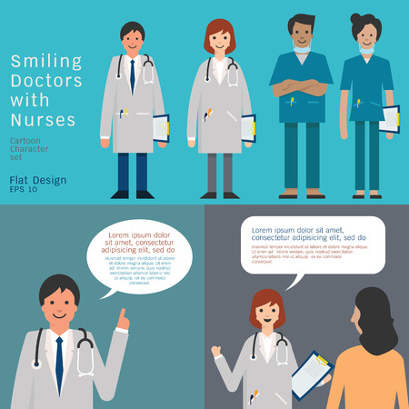 Set of medical team, doctors and nurse. And doctors giving advice and consultant. Simple character with flat design.のイラスト素材