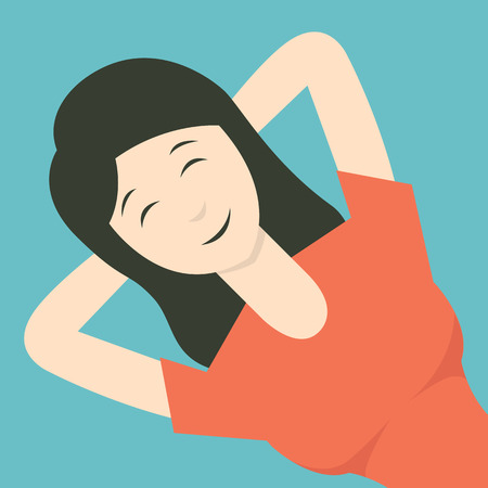 Cartoon character of happy woman lying down with her hands. Relaxation concept. Flat deign.のイラスト素材