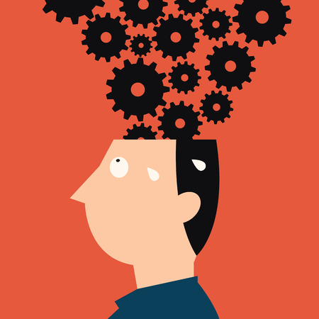 Abstract illustration of human head with many gear, metaphor to working hard, multitasking or very...