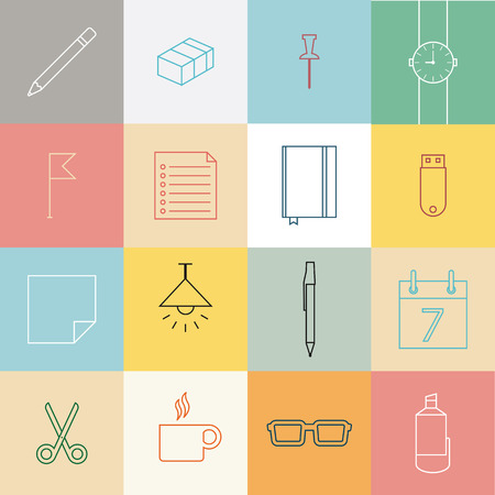 Line icons set, flat design of stationery and office element items.のイラスト素材