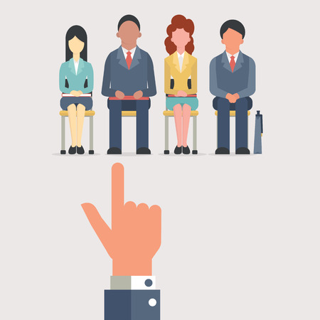 Hand pointing to business people who sitting on chair waiting for job interview, recruitment concept. Flat design.