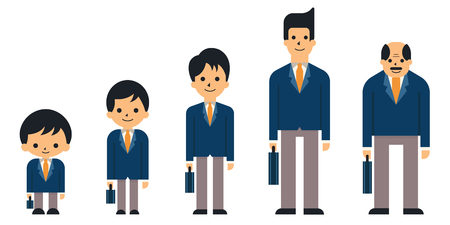 Business people in generation, from child, boy, teen, young adult, adult, and senior or old age. Suit man, smiling, full-length, flat design.のイラスト素材