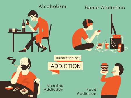 Man in unhealthy addiction lifestyle, alcoholism, nicotine addiction, game and food addiction. illustration in vintage style. Man in unhealthy addiction lifestyle, alcoholism, nicotine addiction, game and food addiction. illustration in vintage style.