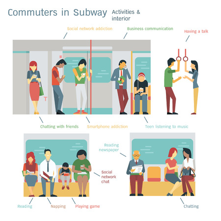 illustration of commuters or passengers activities in subway. Flat design with character design, diversity with multi-ethnic, each layers separated, easy to use.のイラスト素材