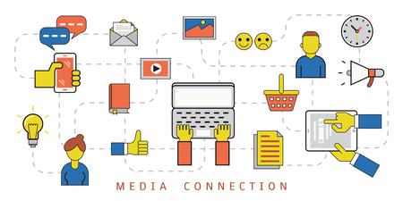 illustration line design in media connection concept. Linear flat design, smartphone, media, computer, tablet, icons set.のイラスト素材