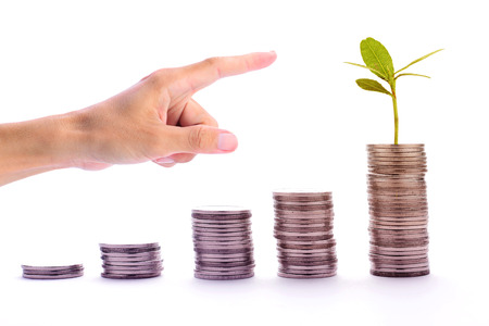 Man hand point to stack of graph money coins  growing up with sprout plant, business concept in money and growing business, closeup, side view.の写真素材