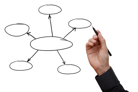 Business man hand holding black pen writing and sketching business planning and work-flow diagram, empty space for your text, design, or copyspace.の写真素材