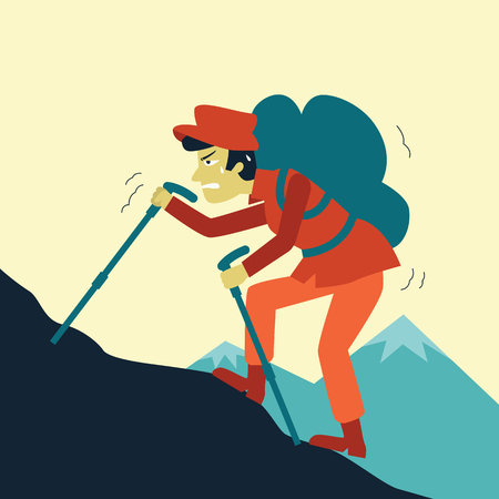 Man worried and feel heavy with a lot of backpack when climbing up on mountain. Cartoon illustration vector.のイラスト素材