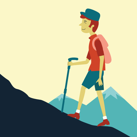 Man walking and hiking on mountain with happy and relax with light backpack.のイラスト素材