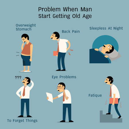 Vector illustration set of man at old age start getting problem from various pain or physical problems. Character design in flat style.のイラスト素材