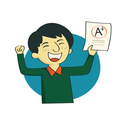 Vector illustration cartoon character of boy or young student showing examination result A plus grade on paper, with cheerful and happy expression.のイラスト素材